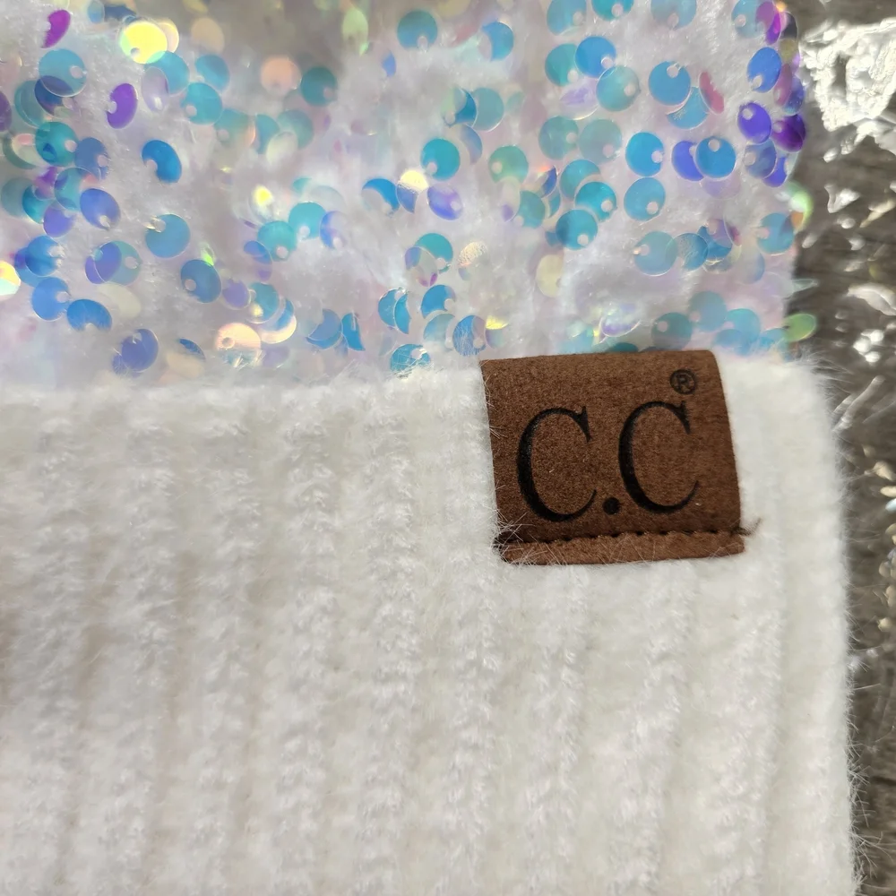 C.C Kids White Iridescent Sequin Pom Hat